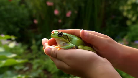 hands gently holding a green frog in a garden