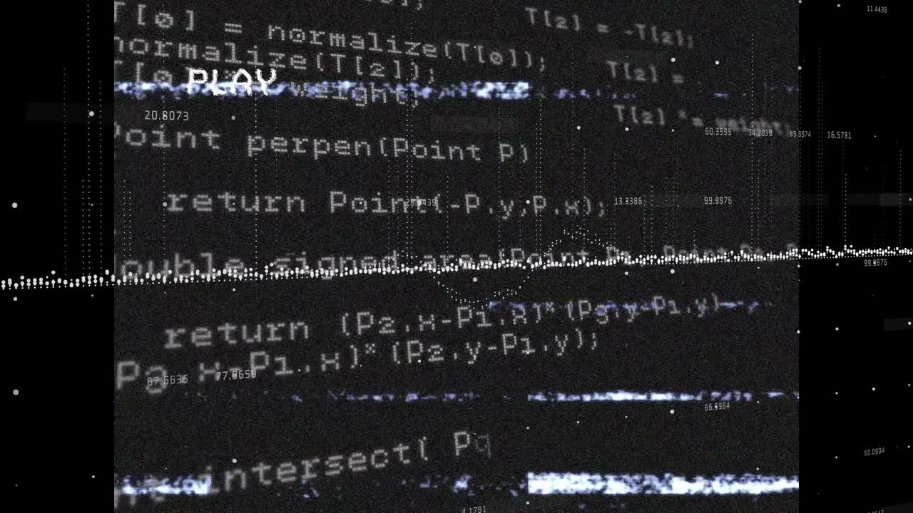 Animation of white data, on video playback screen with interference, on black