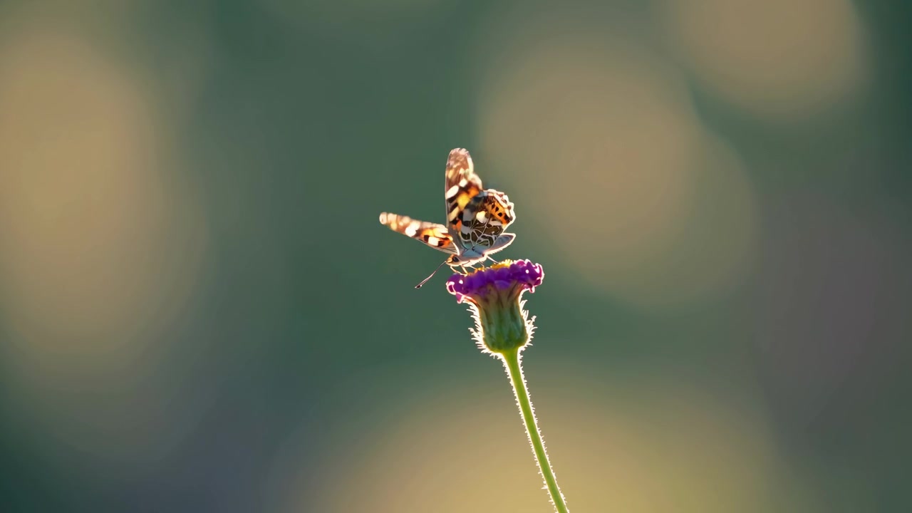 Farfalla in controluce che batte delicatamente le ali su un fiore viola
