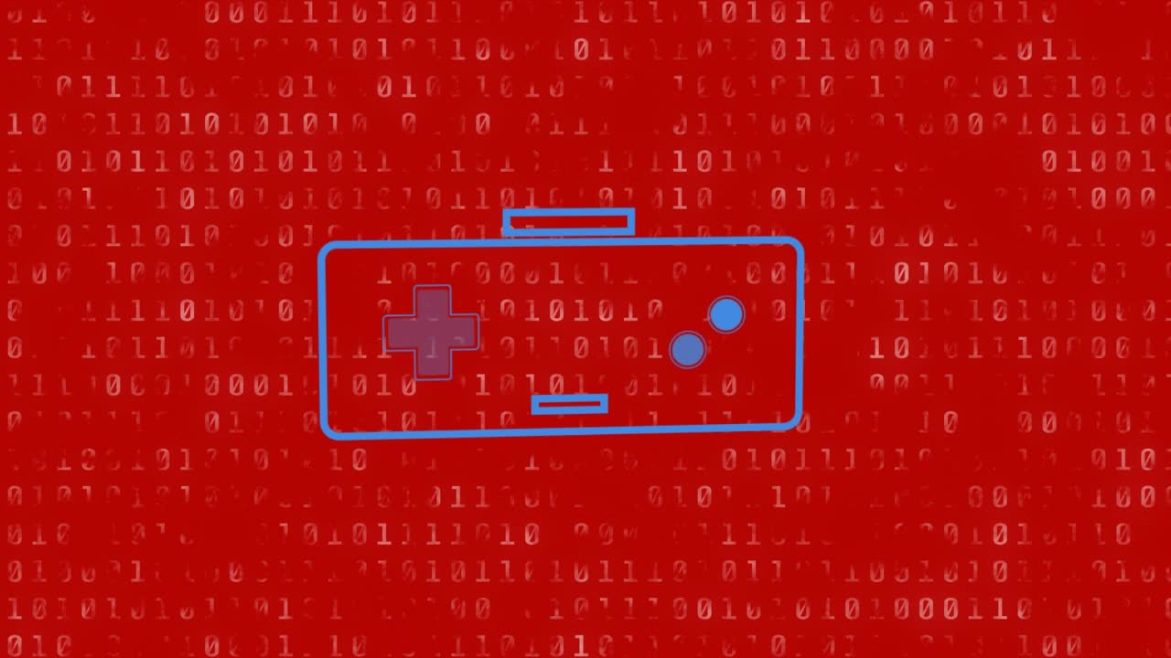 Animation af en spillekonsol med binær kodning og databehandling på rød baggrund.