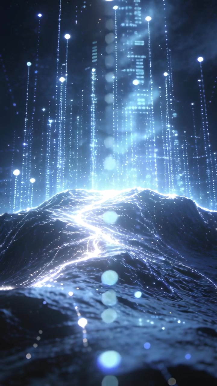 Vertical video: Brightening vein on rocky ridge at night pulsing, sending data into light columns