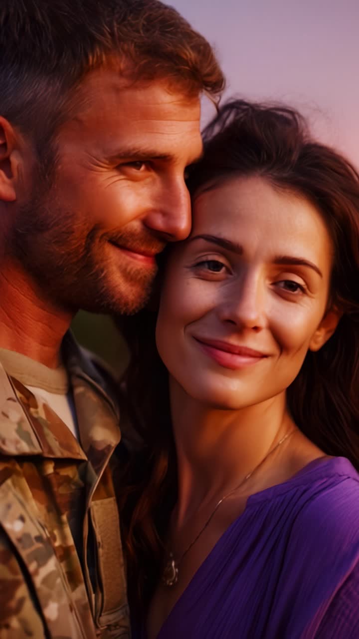 Un momento toccante condiviso tra un soldato e una donna sorridente, con un bellissimo sfondo crepuscolare, che illustra l'amore e la connessione in un'atmosfera serena.
