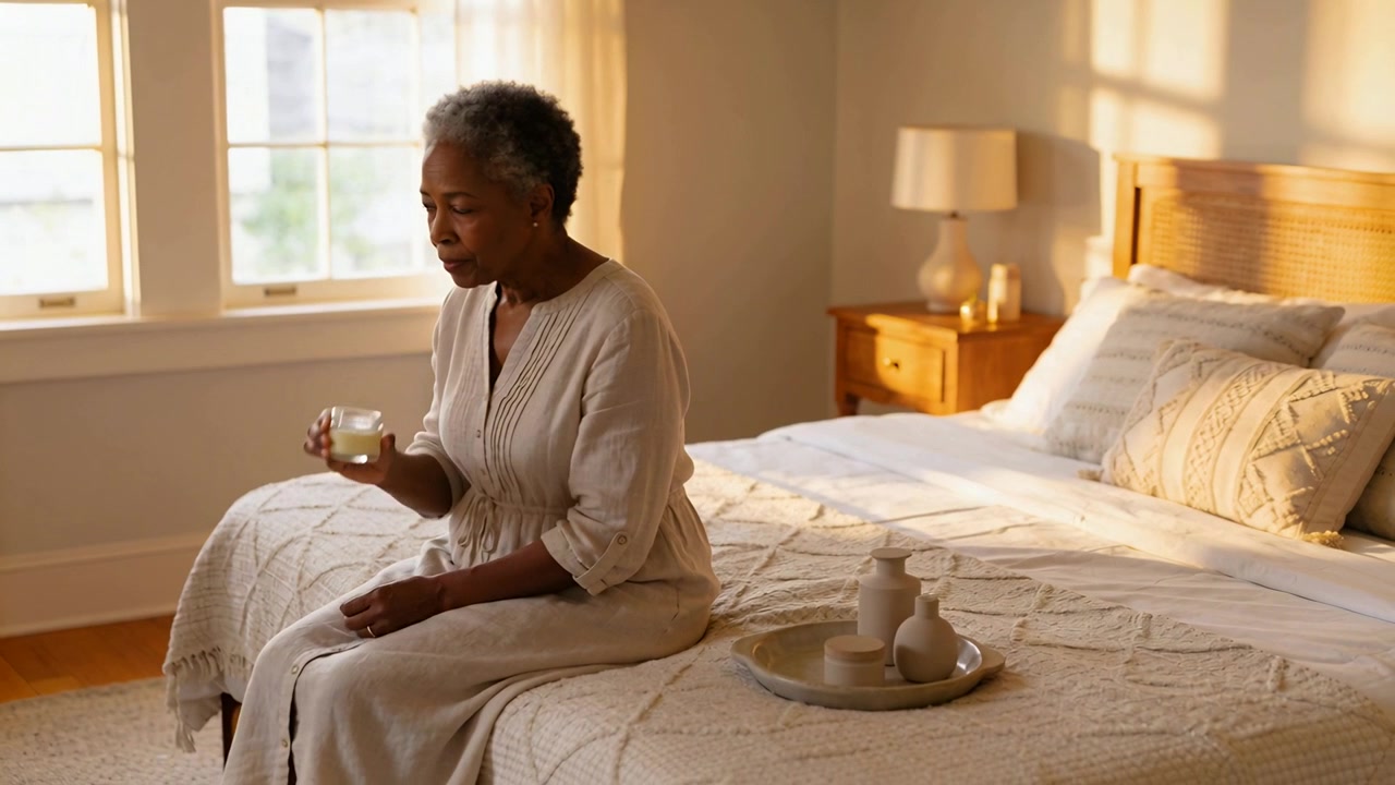 Drawing senior woman in house dress by morning light, lifting sipping cup on bed gazing window