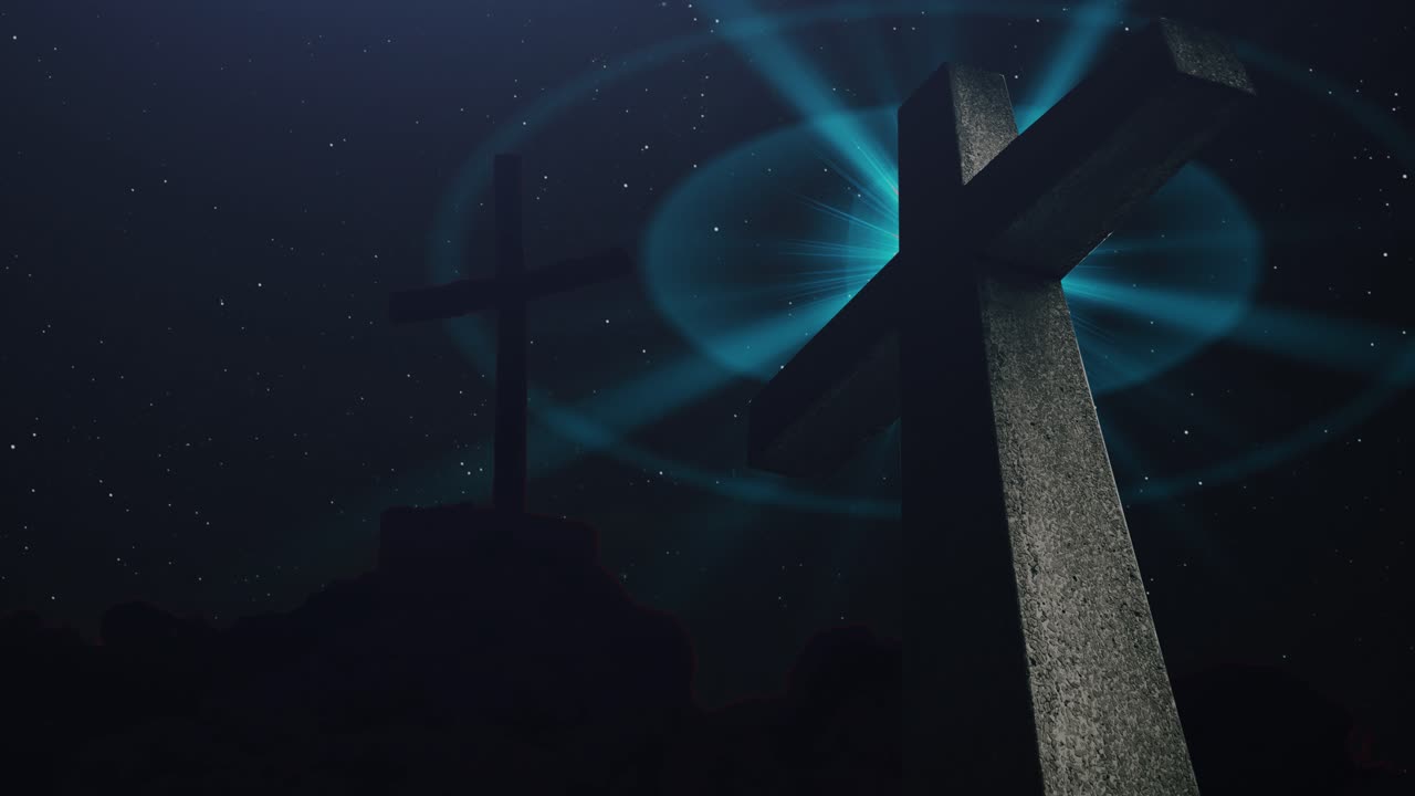 밝은 빛과 밤 별 배경으로 두 개의 십자가
