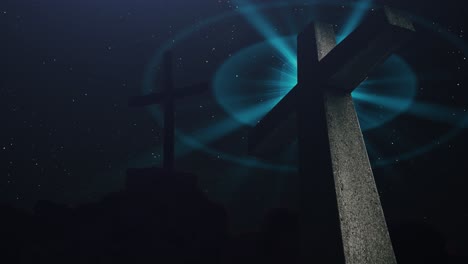 two crosses with bright light and night stars background