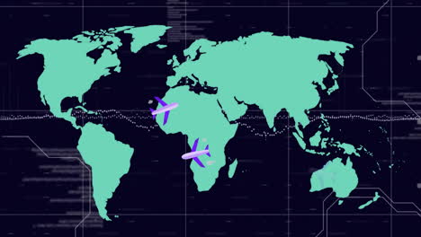 airplanes flying over world map, global travel animation