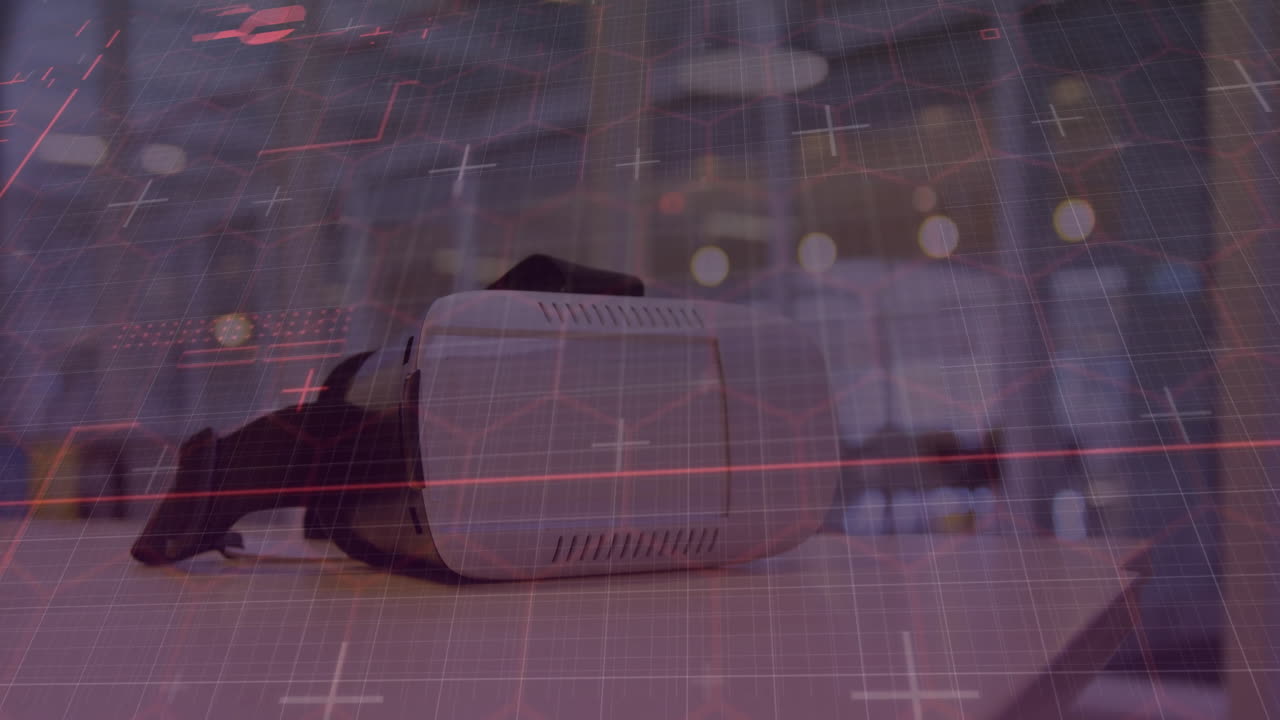 3D virtual reality headset floating above desk emitting red grid lines over blurred office scene