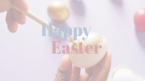 animation of happy easter text over woman painting easter eggs on purple background