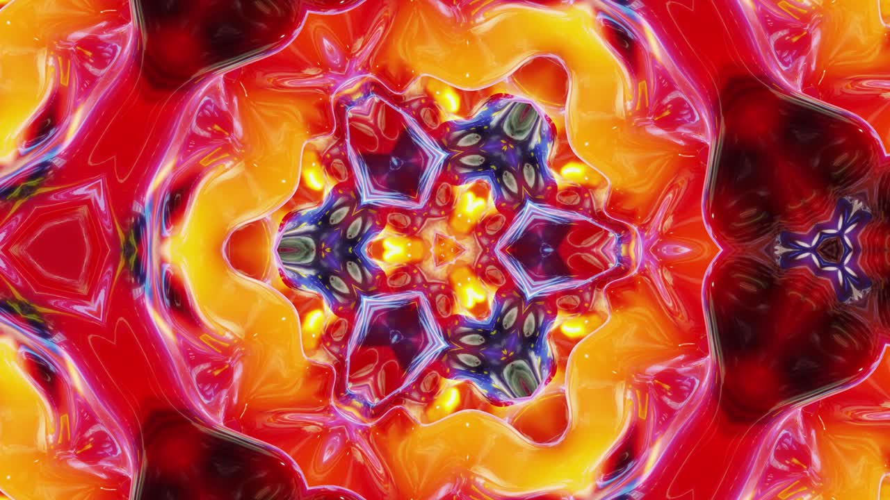 líquido rojo amarillo naranja patrón simétrico como caleidoscopio con ondas. 3d elegante bucle abstracto bg, estructura ondulada de vidrio líquido brillante con hermosos colores de gradiente. 4k