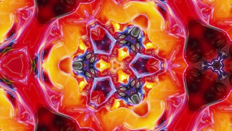 líquido rojo amarillo naranja patrón simétrico como caleidoscopio con ondas. 3d elegante bucle abstracto bg, estructura ondulada de vidrio líquido brillante con hermosos colores de gradiente. 4k