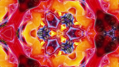 liquid red yellow orange symmetrical pattern like kaleidoscope with waves. 3d stylish looped abstract bg, wavy structure of brilliant liquid glass with beautiful gradient colors. 4k