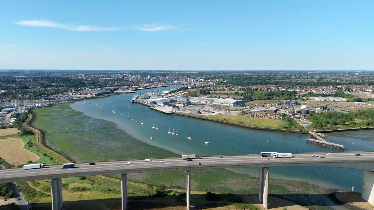 Sunny Summer Day Drone View Over River Orwell and Ipswich Coastal Infrastructure