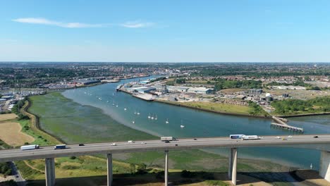 sunny summer day drone view over river orwell and ipswich coastal infrastructure