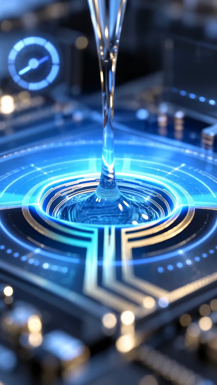 Transparent liquid descends into a rounded droplet, touches the center of a luminous blue circuit surface, then stretches upward as concentric rings glow around it.