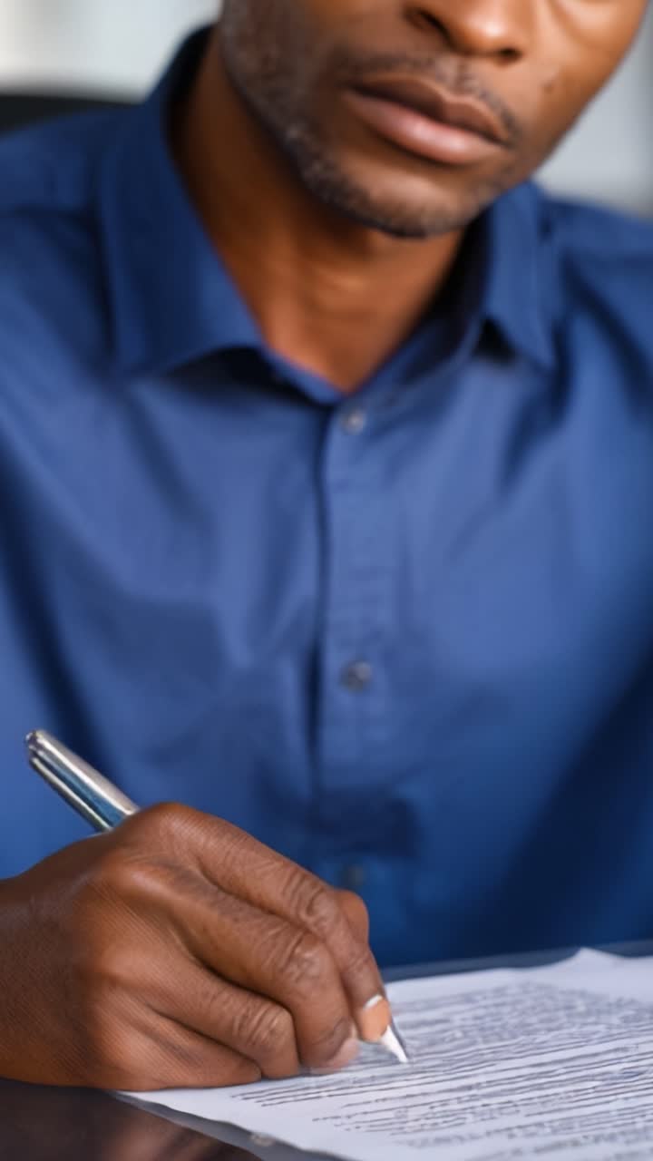 Close-Up of a Person Signing Document with a Pen, Emphasizing Intent and Focus on the Written Words During an Important Transaction or Agreement Process