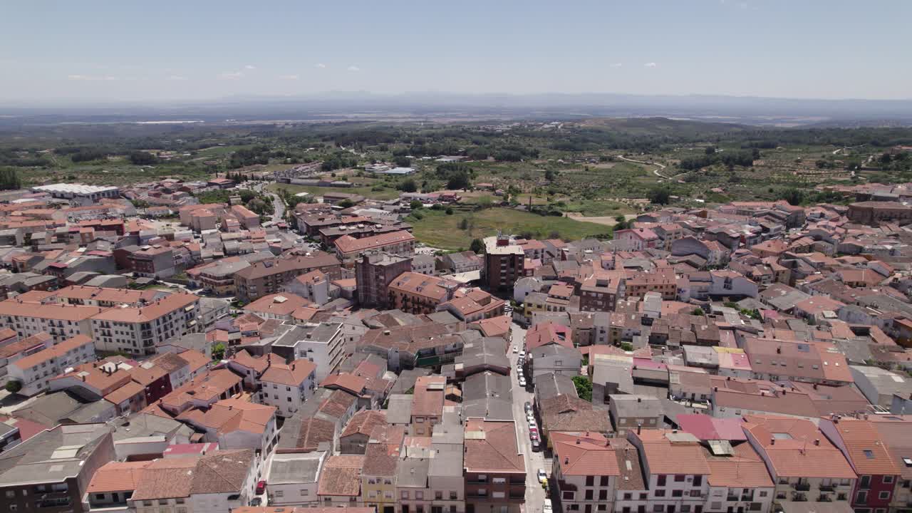 Aerial Panoramic of Jara&iacute;z de la Vera Rural cityscape, Western Spain