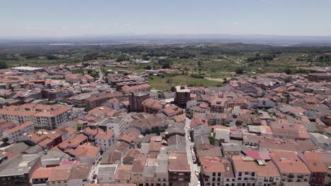 aerial panoramic of jaraíz de la vera rural cityscape, western spain