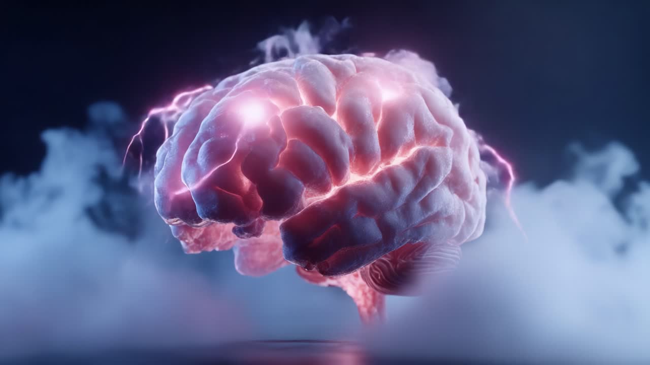 An Electrifying Visualization of the Human Brain Illuminated by Lightning, Surrounded by Mystical Clouds, Symbolizing Intelligence and Creativity in a Stunning Display of Neuroactivity