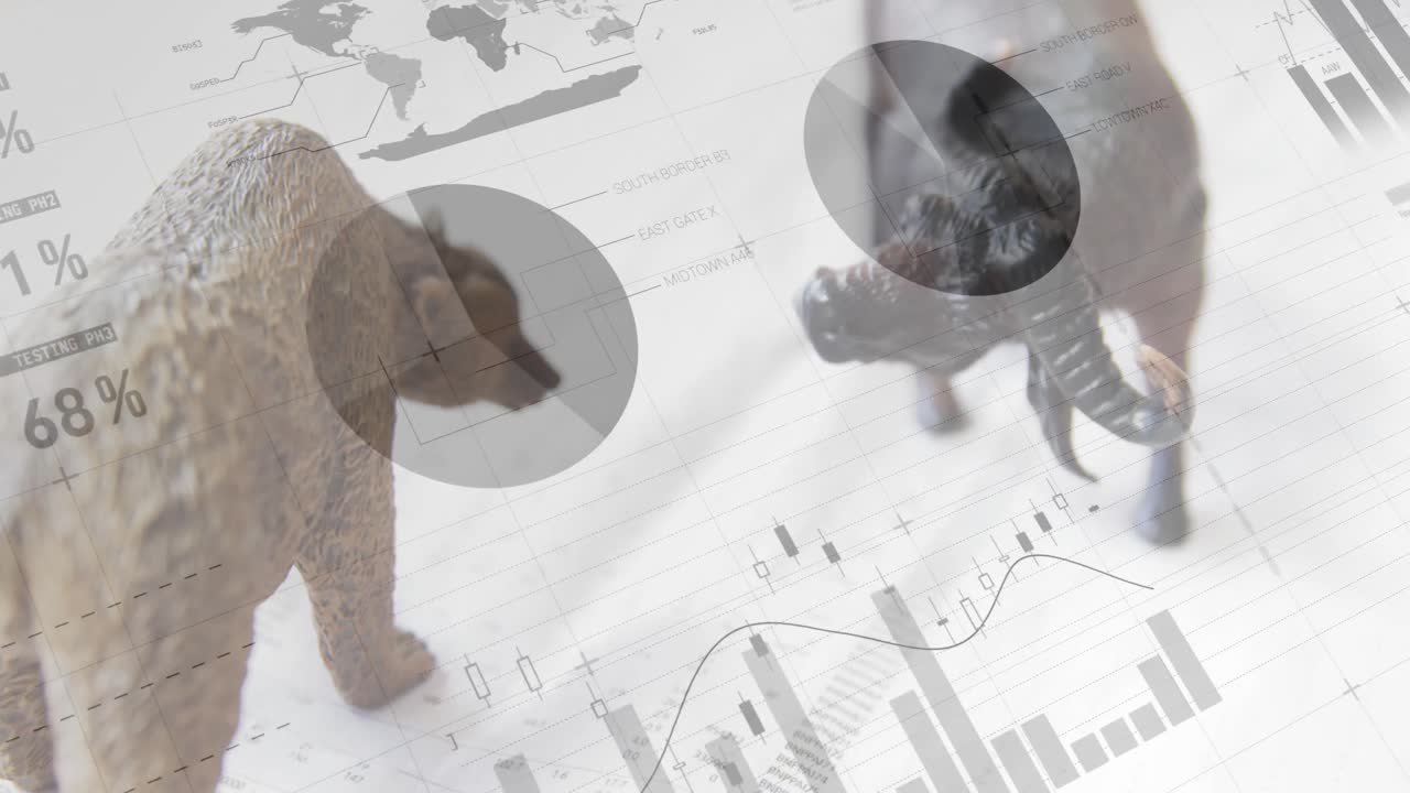 전면에 그래프와 통계가 있는 동물 동상 4k