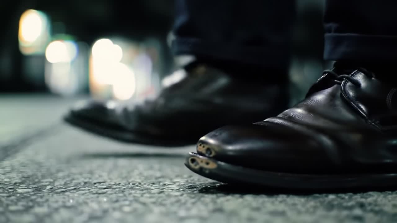 Stylish Black Leather Shoes on Urban Street at Night, Capturing the Elegance and Detail of Footwear against a Blurred Cityscape Background