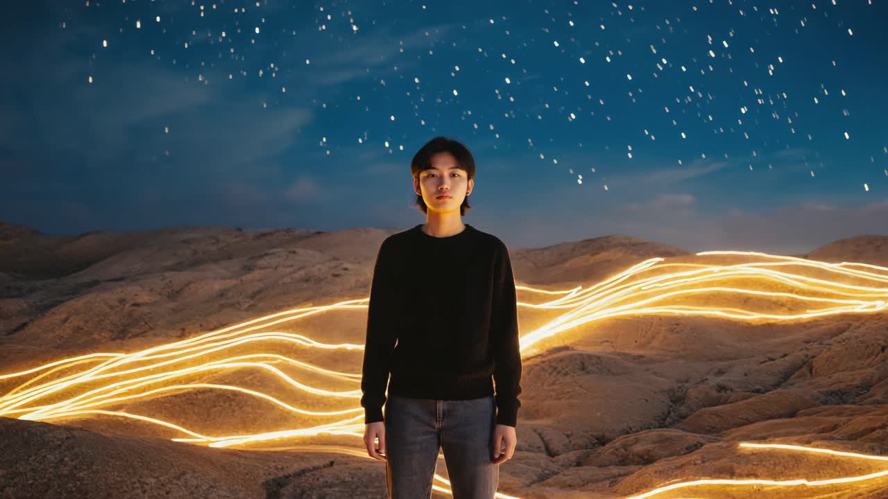 Person in a desert landscape with star trails and light painting