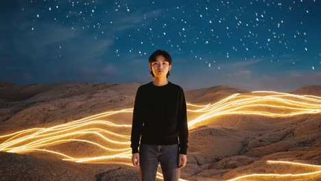 person in a desert landscape with star trails and light painting