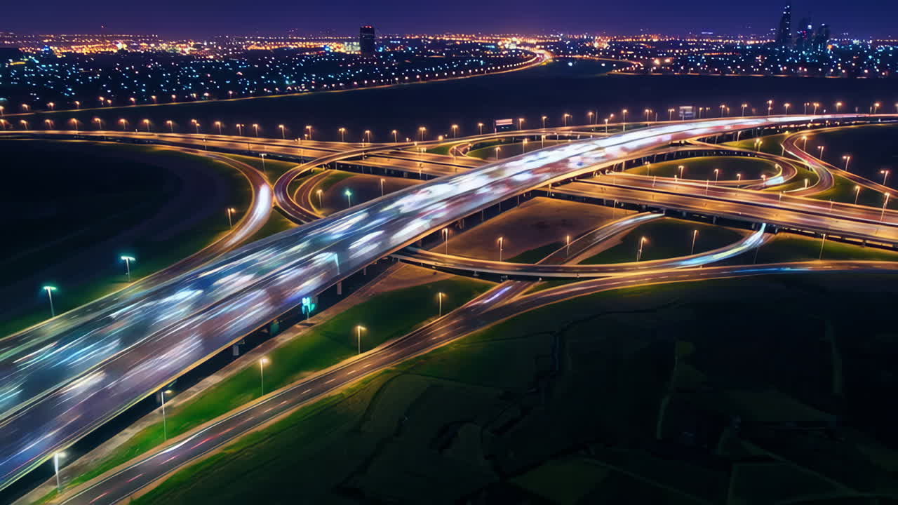 Night Highway Interchange with Traffic Light Trails