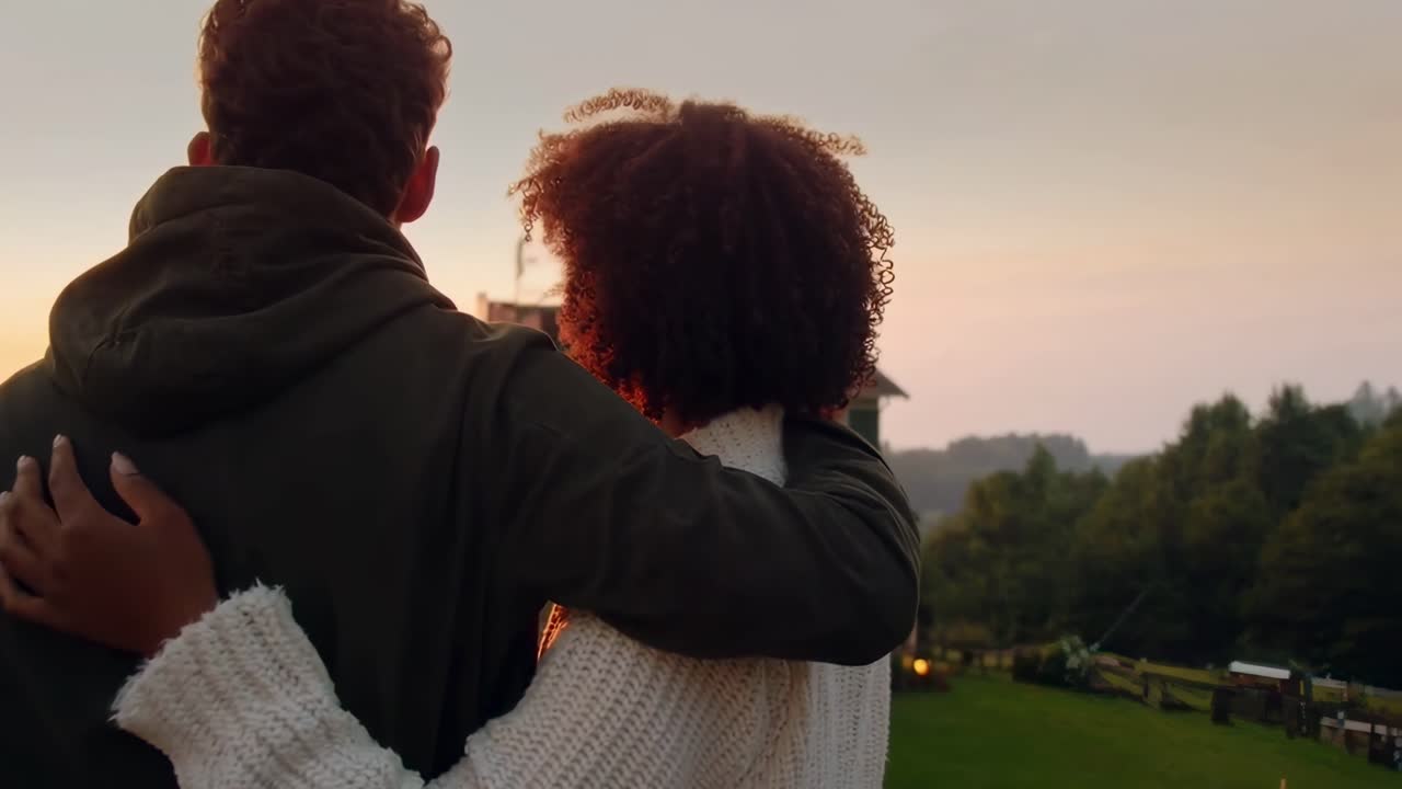 Un video che riprende una coppia che si abbraccia, vista di spalle, mentre osserva una casa illuminata dal tramonto