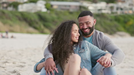 love, hug and couple on a beach