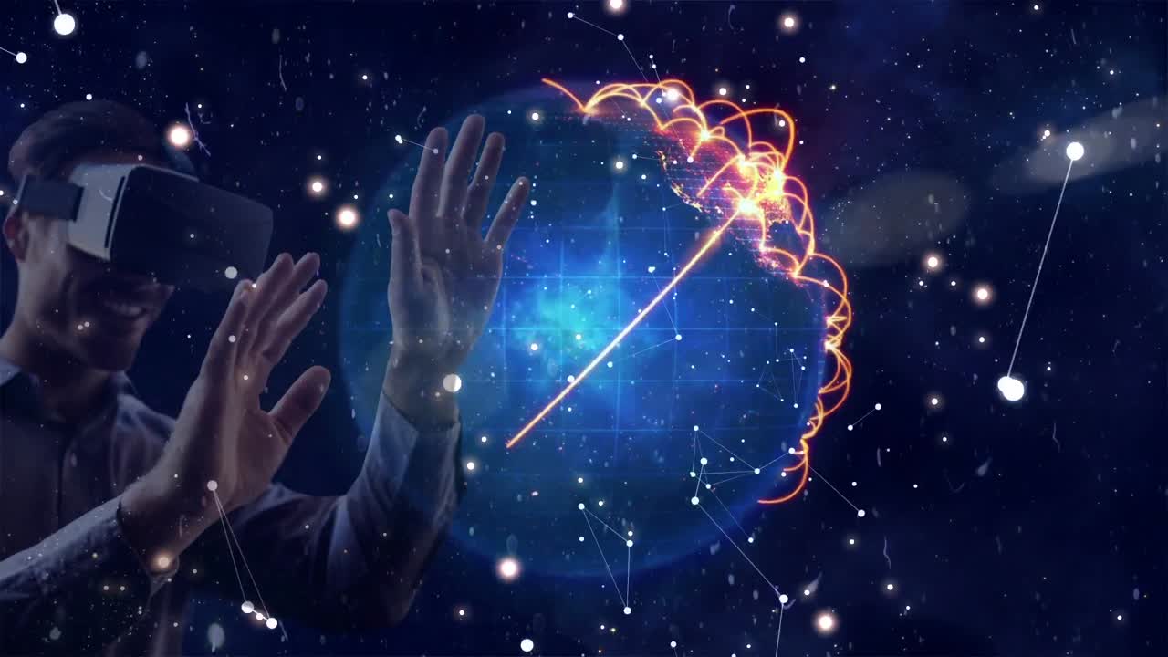 Man using VR headset with glowing connections