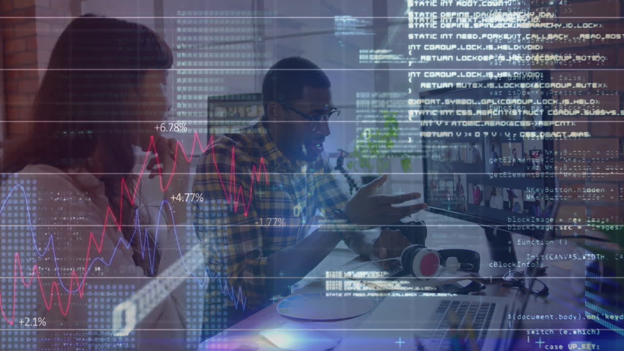 Animation of graphs, binary codes, computer language, diverse coworkers discussing about pictures