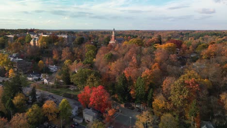 Aerial-ascent-over-Granville,-Ohio-to-Swayse-Chapel-Denison-University,-Ohio