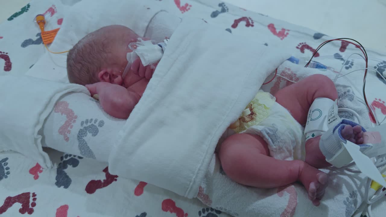 Neonato prematuro che riposa placidamente nell'Unità di Terapia Intensiva Neonatale.