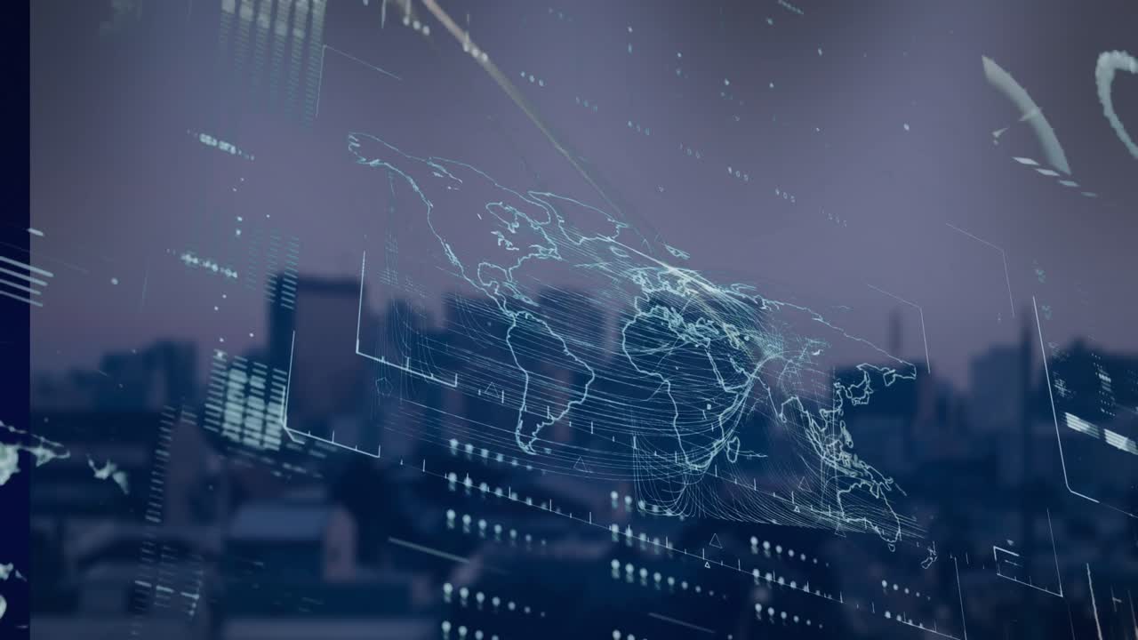 도시 풍경 위의 세계 지도와 함께 데이터 처리의 애니메이션