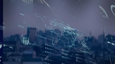 animation of data processing with world map over cityscape