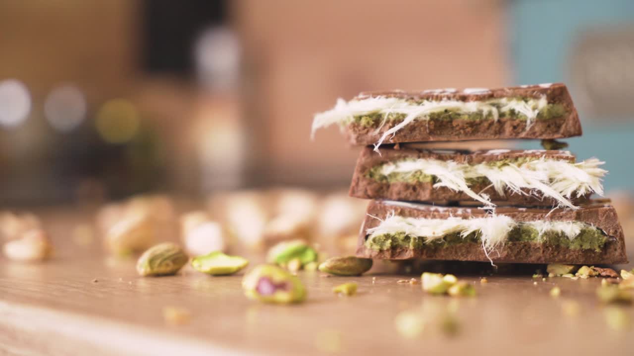 A highly detailed close-up image of a Dubai chocolate sweet topped with crushed pistachios
