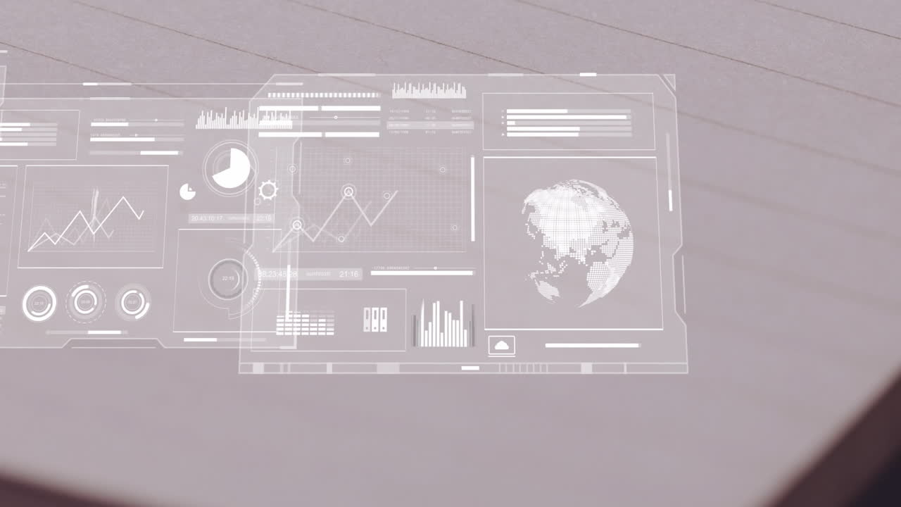 Animation of digital data interface with graphs and world map on background