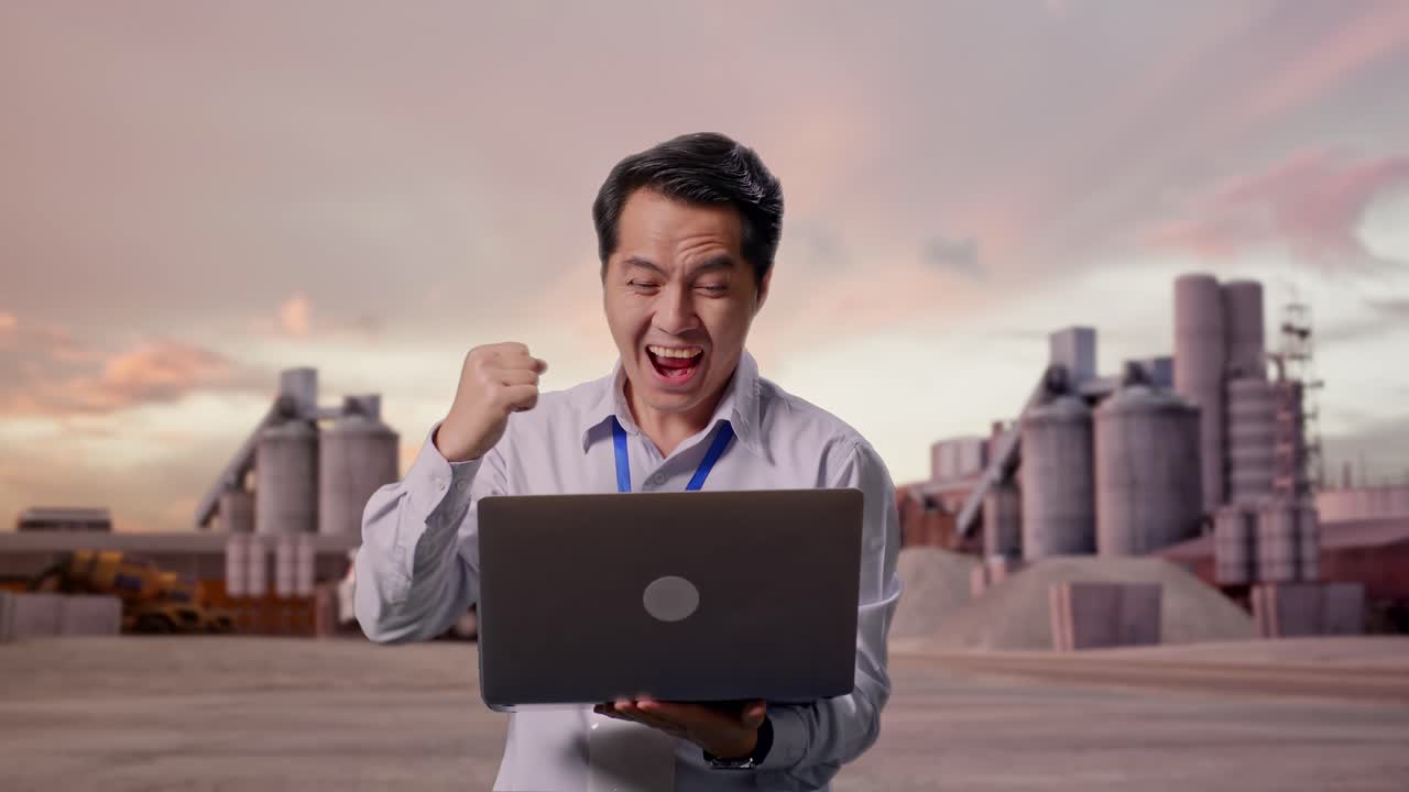 Pekerja profesional pria Asia berdiri dengan laptopnya di pabrik semen industri saat matahari terbenam, ia mengangkat tinjunya ke atas sambil berteriak merayakan keberhasilan
