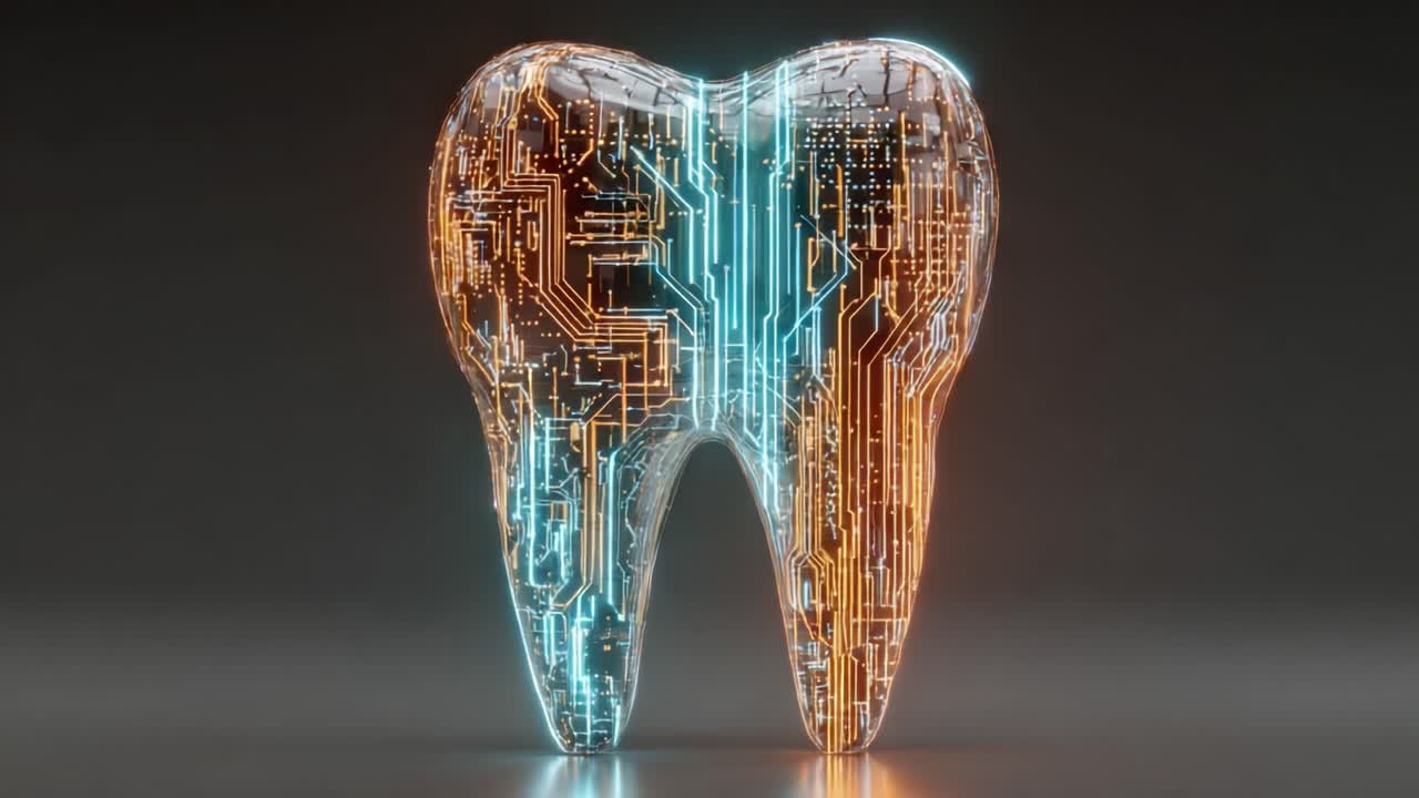 Futuristic Digital Tooth Design Showcasing Advanced Technology Integration with Circuitboard Patterns in an Artistic Representation of Dental Health