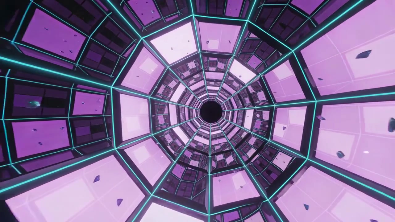 Cámara que comienza a moverse a través de un túnel morado con líneas cian hacia el vacío para revelar paneles y fragmentos.