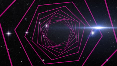 animación digital de formas hexagonales que giran en movimiento sin fisuras contra estrellas brillantes en el espacio