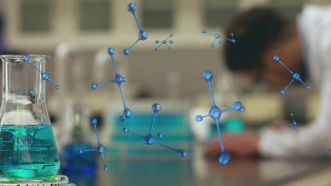 Animation of molecules and data processing over caucasian male scientist with beaker