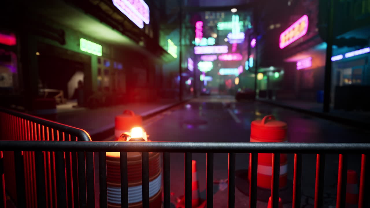 은 아스팔트에서 반사되는 네온 불빛으로 미래의 도시의 어두운 비가 오는 골목길.