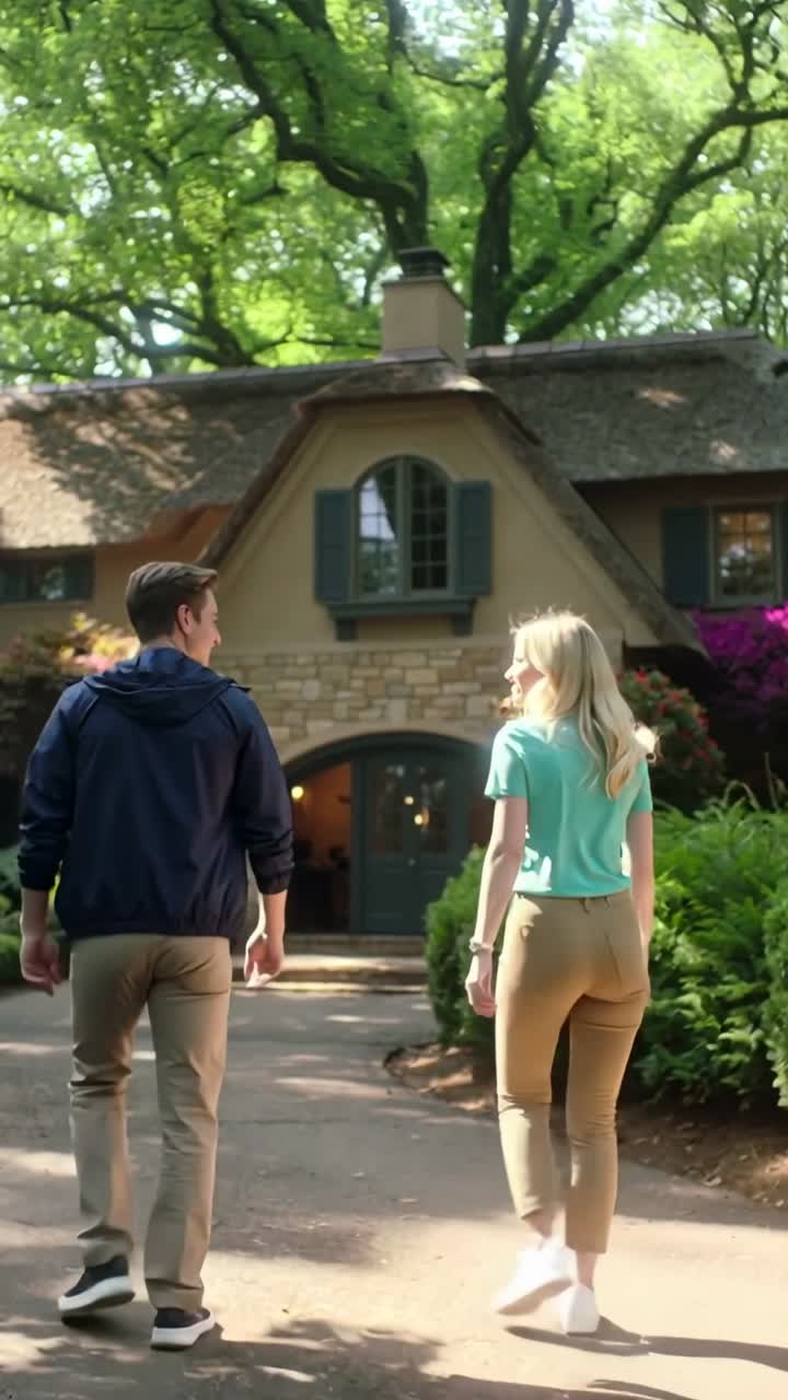 Video verticale: Coppia che cammina si muove verso l'ingresso di un cottage, lasciando il vialetto sotto una fitta chioma di foglie.