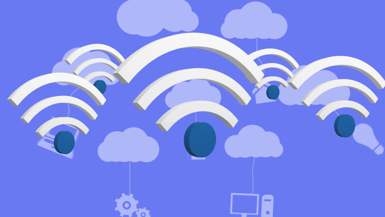 Animation of wifi icons and digital clouds with electronic devices on blue background