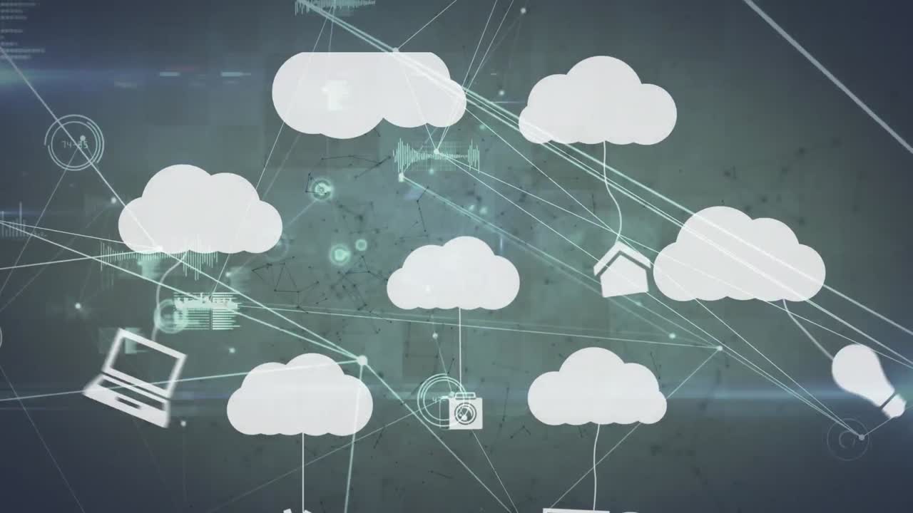 Animation of clock over digital clouds with electronic devices and network of connections