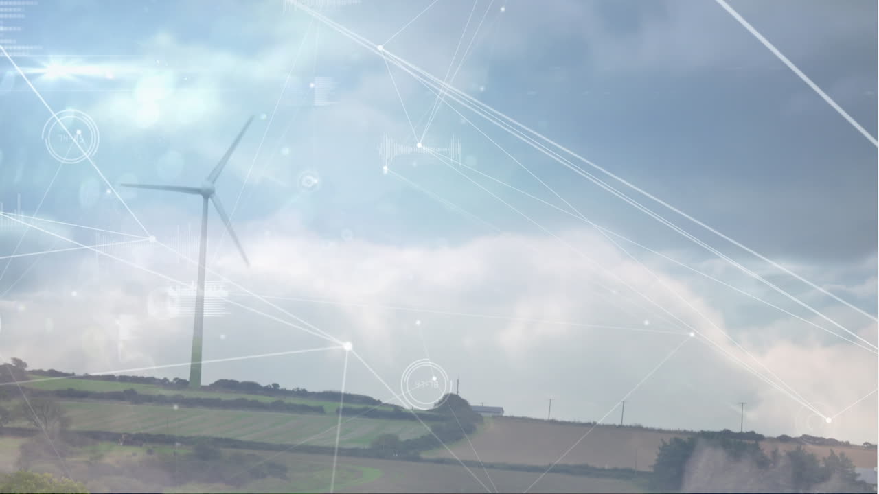 Animation of network of connections and data processing over spinning windmill against blue sky
