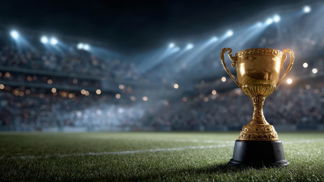 Uno splendido trofeo dorato che risplende sul campo, simbolo di vittoria e successo tra le luci sfocate dello stadio e lo sfondo della folla