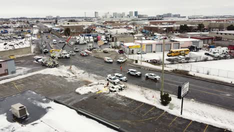 Aerial-view-of-severe-car-collision-in-winters,-Brompton,-Ontario,-Canada