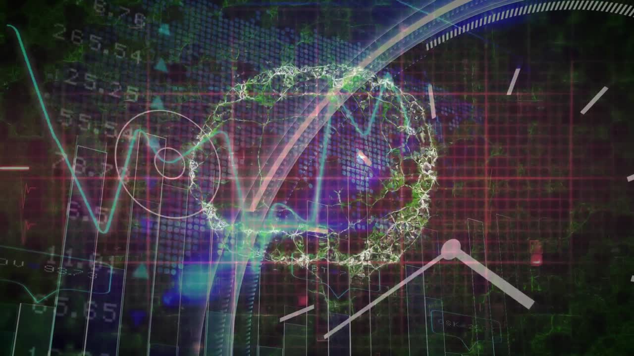 심박수 모니터와 세계 지도 위의 인간 뇌의 애니메이션